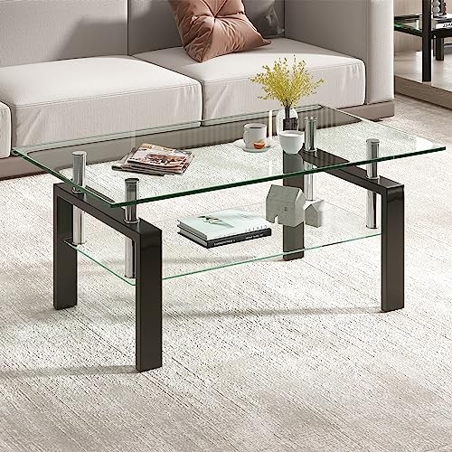 SMARTIK Glass Coffee Table Rectangle 2-Tier Tea Tables B0C9P7GHWX - Clear Top