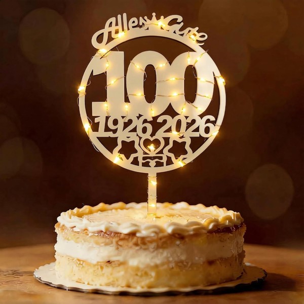 Tortendeko 100 Geburtstag JubiläUm Cake Topper Mit LED Lichterkette Holz-image