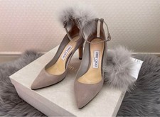Jimmy Choo Fox Fur Pumps Gray Suede Pointed Toe 38.5 Used Excellent