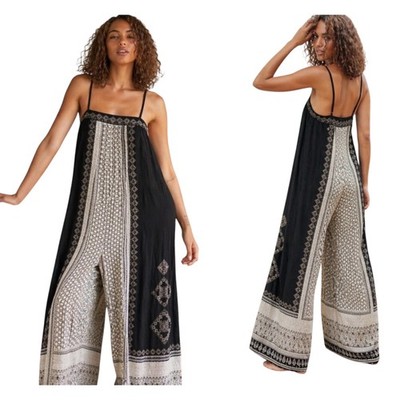 Free People Hazel Mixed Print Jumpsuit L Boho Festival Black White Wide Leg