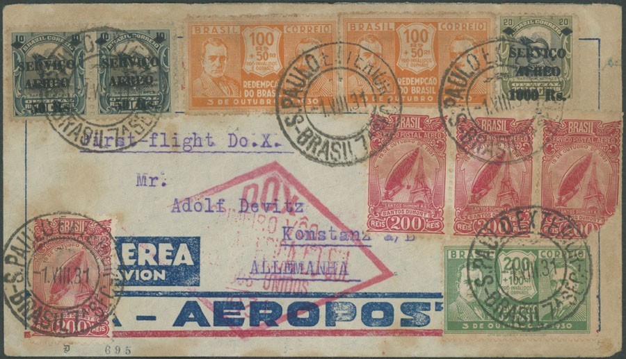 1931, BRAZIL, DORNIER DO-X PIONEER FLIGHT COVER FROM S. PAULO TO NYC