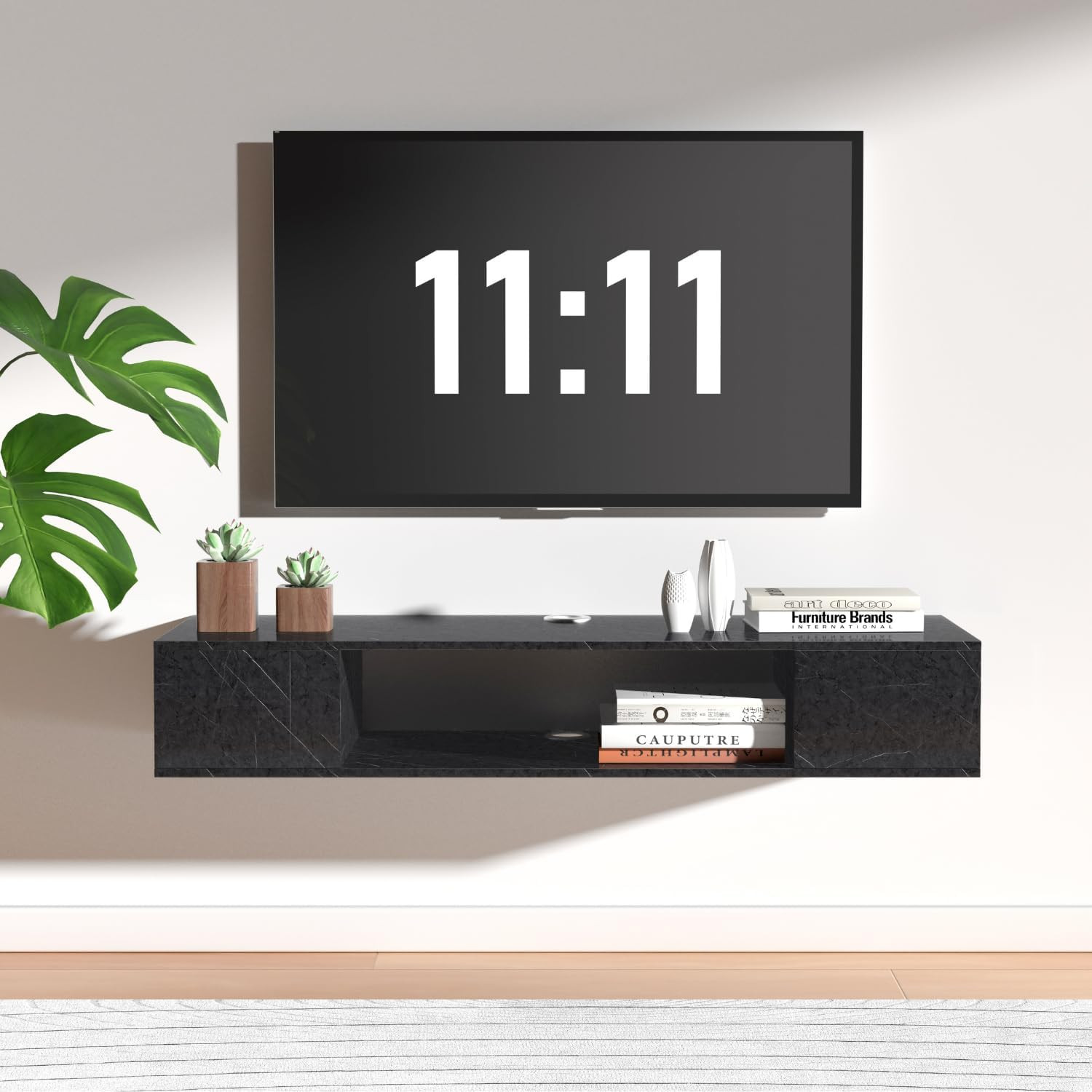 & Media Console With Storage - Black Marble Finish