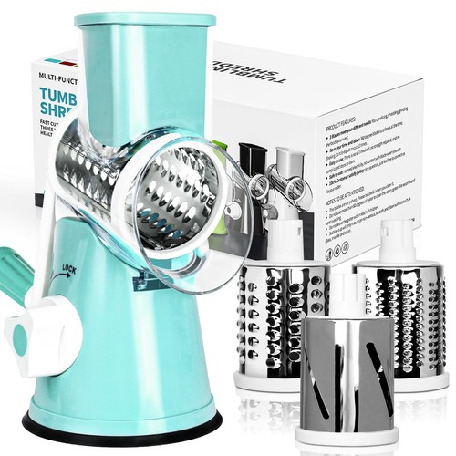 X Home Rotary Cheese Grater Kitchen Shredder w/ 3 Blades Handle and Suction Base - Picture 45 of 53