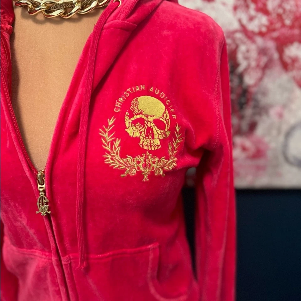 Chándal Christian Audigier Y2K Terciopelo Fucsia con Calavera Bordada XL Foto 2 de 4