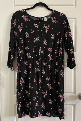 H&M Divided Womens Dress Black Floral Stretch KneeLength 3/4 Sleeve Size 12