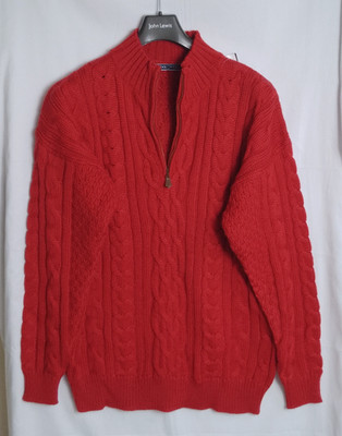 Woolover Pullover rot 100% britische Wolle 1/4 Zip Grobstrick Zopfmuster Sweater Aran