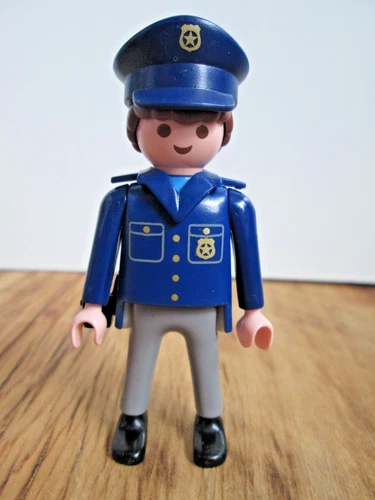 Vintage 1990 Playmobil Figure Man Policeman Police Officer Blue Uniform Star
