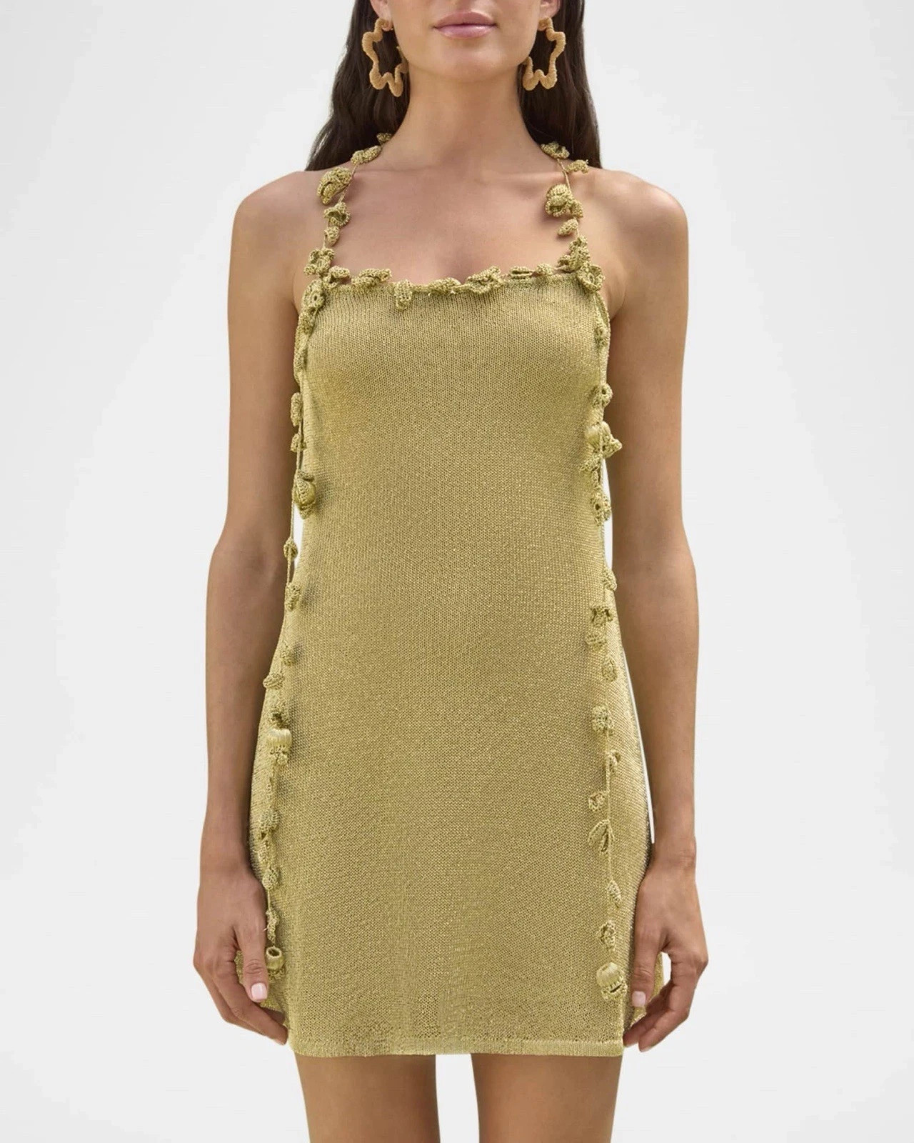 Cult Gaia Alonza Knit Dress Gold metallic crochet Mini Resort XS $598msrp