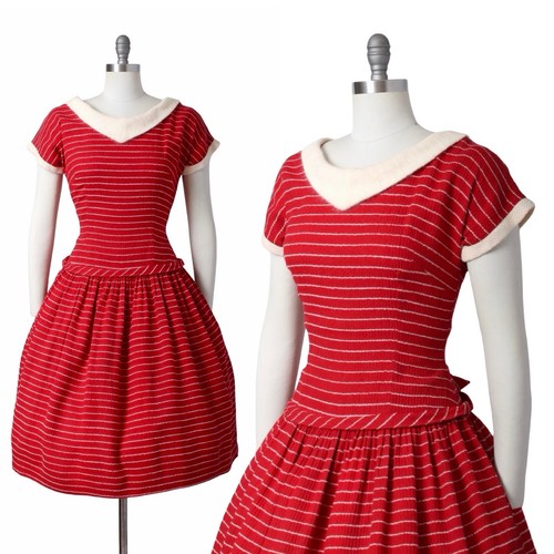 Vintage 1950s Dress 50s Red Angora Striped Dropwaist Fit Flare Holiday Day Dress