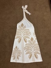 Women's White/Beige Tropical Palm Print Halter Tie Neck Sleeveless Midi Dress
