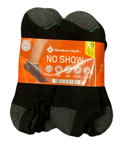 Calcetines de algodón transpirables acolchados Member's Mark No Show para hombre, 10 pares (negros,