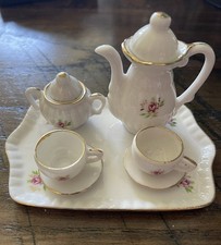 Vintage Porcelain Miniature 10 Piece Tea Set Pink Rose Pattern Gold Trim