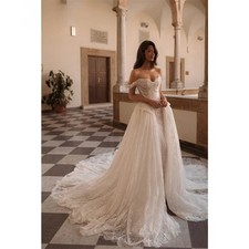 Kyoto Customized White Pearl Off the Shoulder Lace Wedding Dress Formal