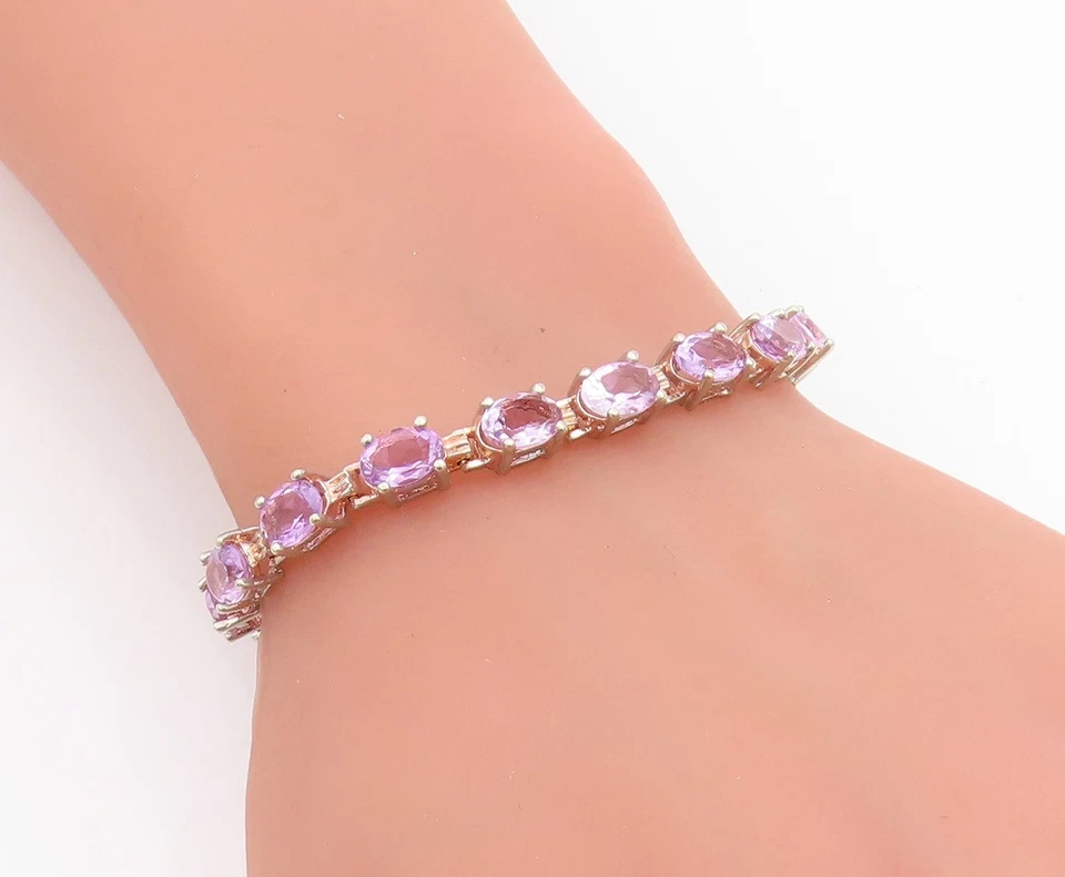 Pulsera de plata de ley 925 vintage ovalada amatista cadena de eslabones distintivos BT11436 Foto 3 de 4