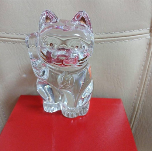 Baccarat Lucky Beckoning Fortune Cat Maneki Neko Clear Crystal Object Used Japan