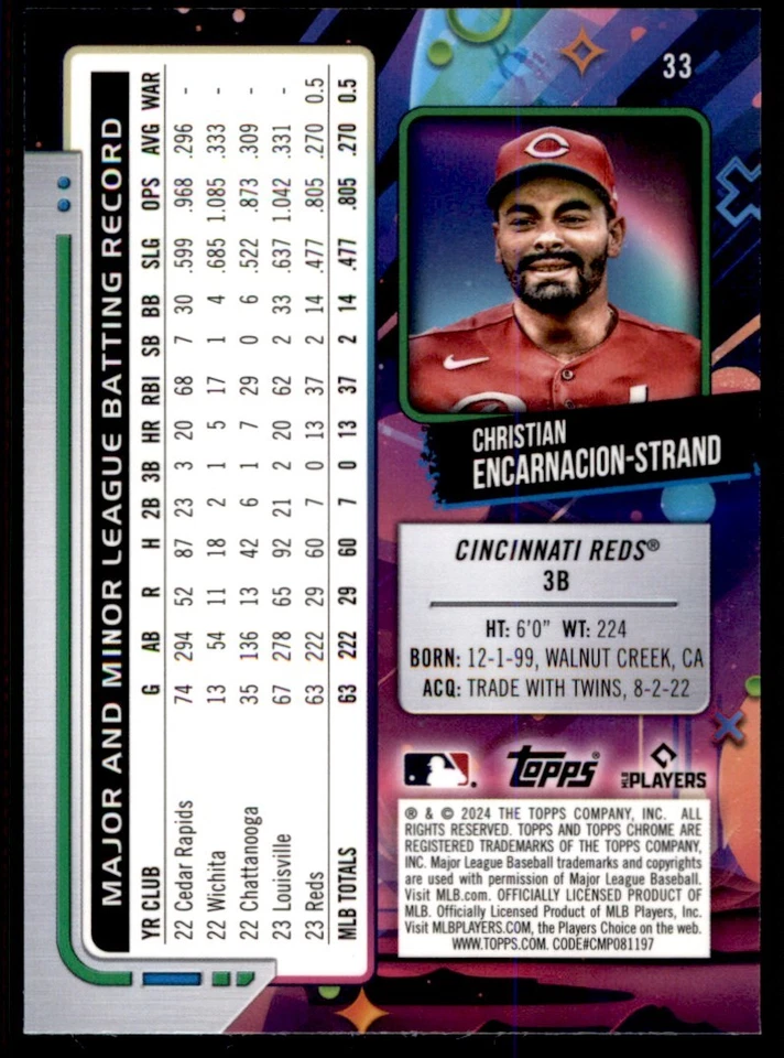2024 Topps Chrome Cosmic Christian Encarnacion-Strand RC Cincinnati Reds #33 - Image 2 of 2