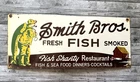 VINTAGE SMITH BROS. FISHING RESTAURANT GAS MOTOR OIL PUMP STATION PORCELAIN SIGN