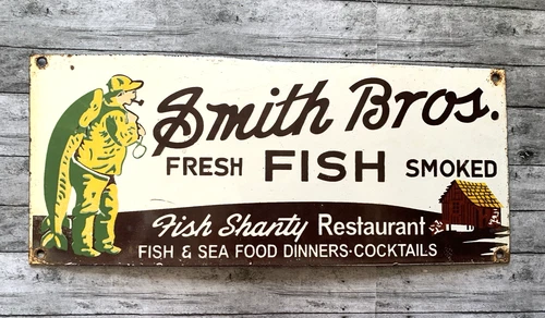 VINTAGE SMITH BROS. FISHING RESTAURANT GAS MOTOR OIL PUMP STATION PORCELAIN SIGN