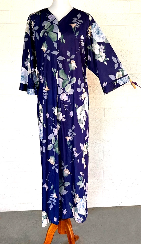 Abrigo de casa floral azul Shadowline bata larga cremallera frontal manga 3/4 talla M T10 Foto 2 de 4