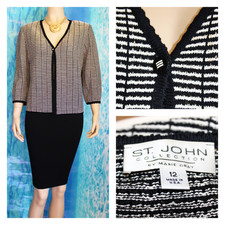 ST. JOHN Collection Knits Black Cream Suit JACKET L 10 12 Blazer Plaid Button