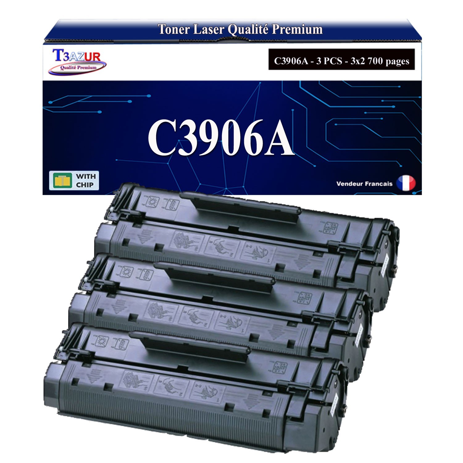 T3AZUR 3x Toners compatibles avec HP C3906A 06A noir 2 700 pages pour bureau et secrétariat