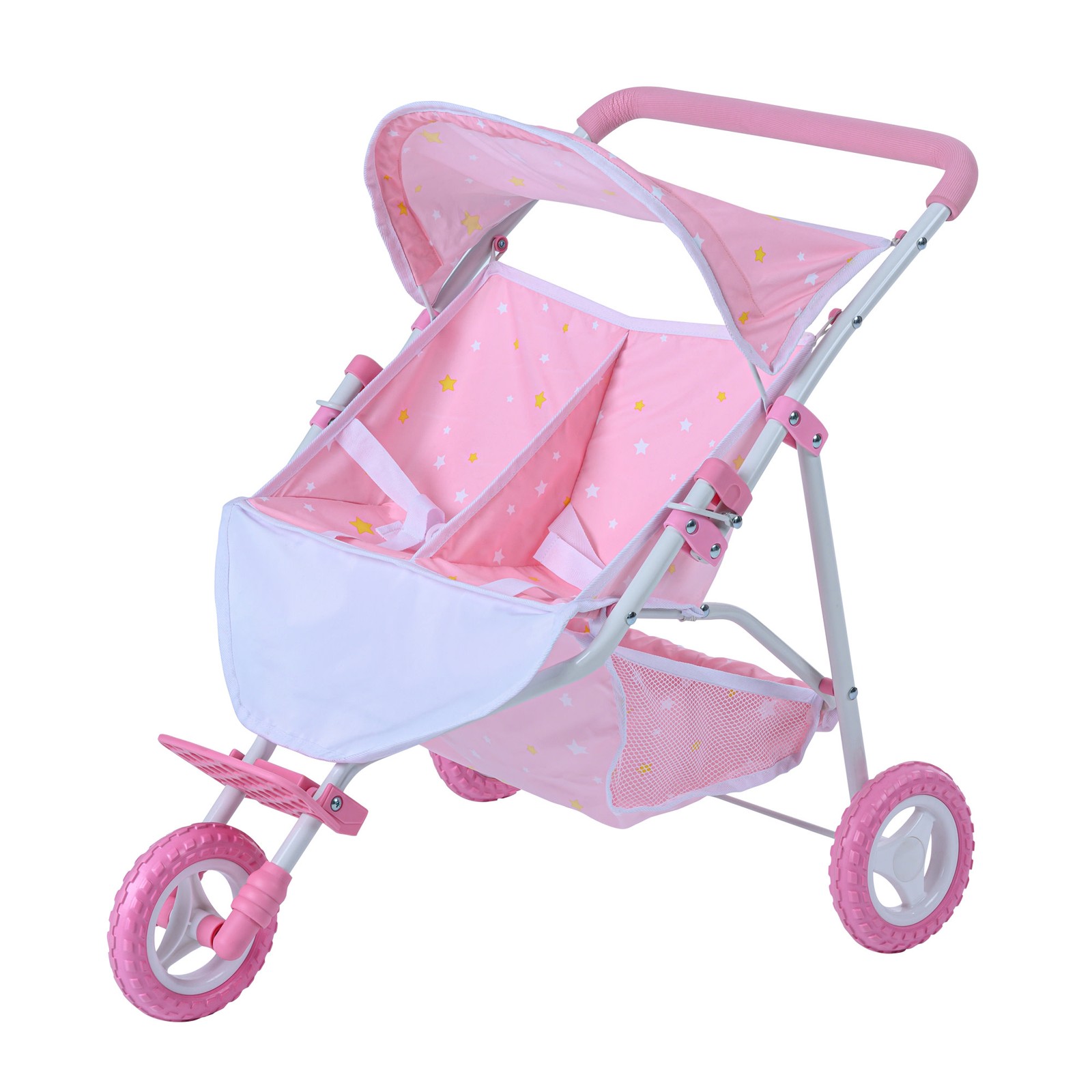 Olivia’s Little World Double Twin Baby Doll Pram Stroller Pink Stars Pushchair