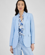 Anne Klein Women's Linen Blend Notch-Front Blazer/Opal Blue NWT