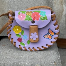 Hand Tooled Lavender Child  s Purse Mexico Leather Long Strap Butterfly Flowers