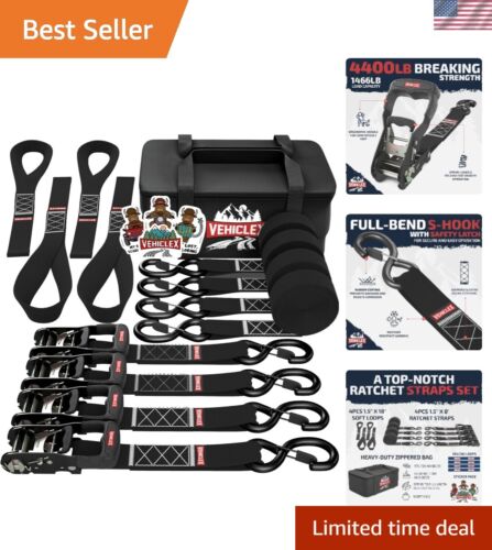 4PK Heavy Duty Ratchet Straps & Soft Loops - 1.5" x 8 ft Kit - 4400 lb Break ...