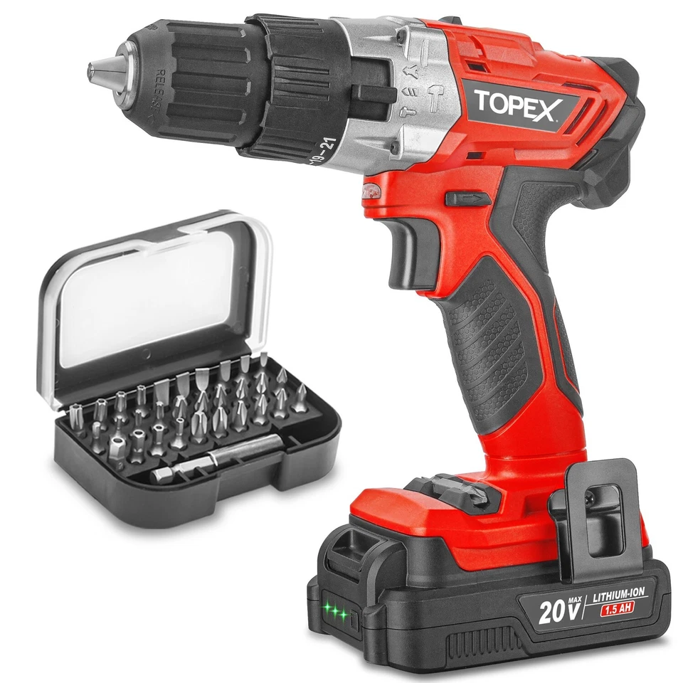 TOPEX 20V Max Cordless Hammer Drill w/ Li-Ion Battery & Screwdriver Bit Set