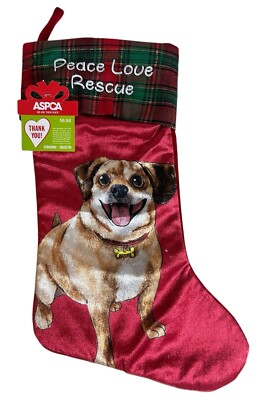 Christmas Stocking Dog Animal Peace Love Rescue Ruz Aspca Plaid Red Velvet Pet 