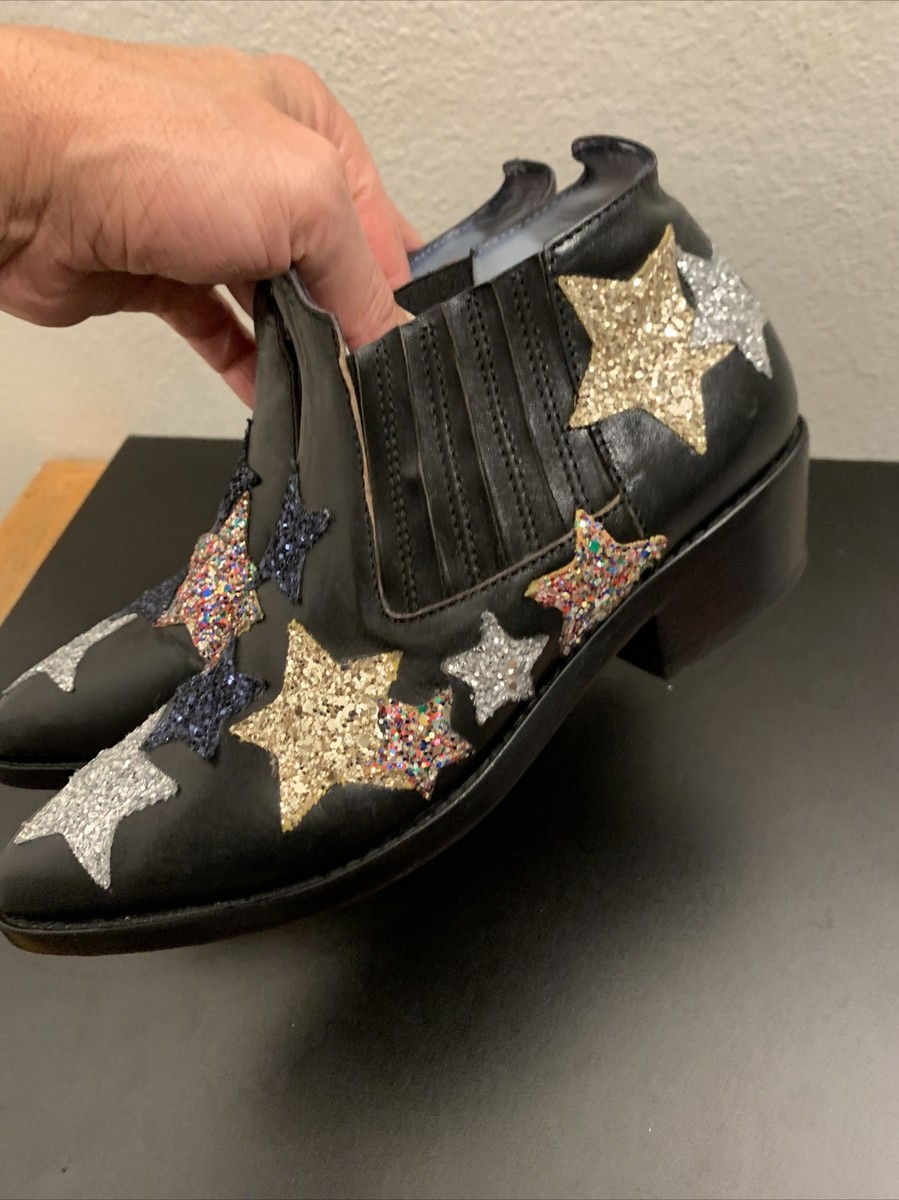 Chiara Ferragni Embroidered Glitter Star Black Leather Ankle