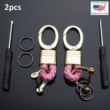 2pcs Pink  Gold Woven Leather Fob D-Ring Keychain Key Split Rings Holder Clip