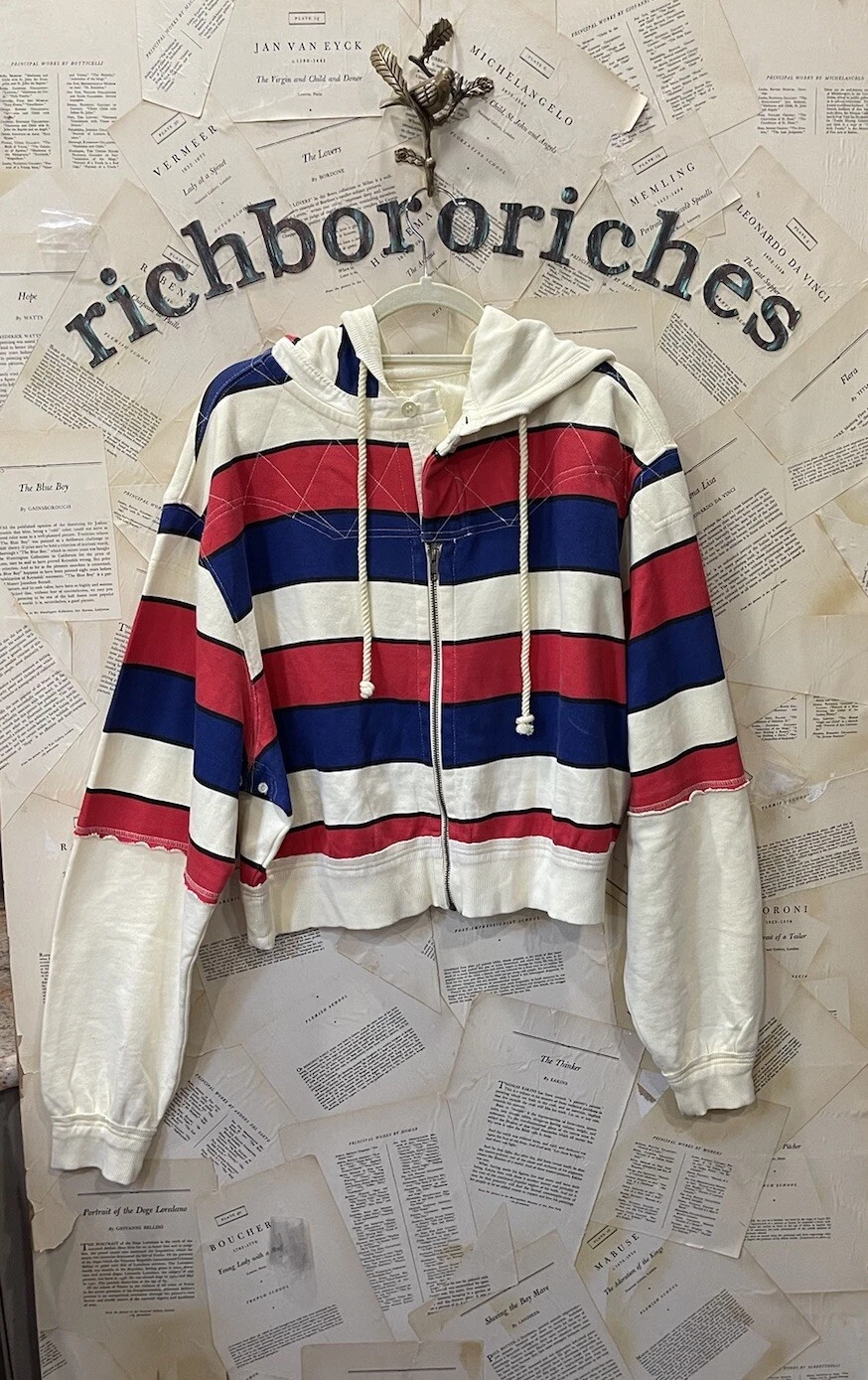 OFF WHITE Free People Ry Zip Thru Felpa con Cappuccio Zip Up Stripe Rosso Avorio Blu XS NUOVA CON ETICHETTE