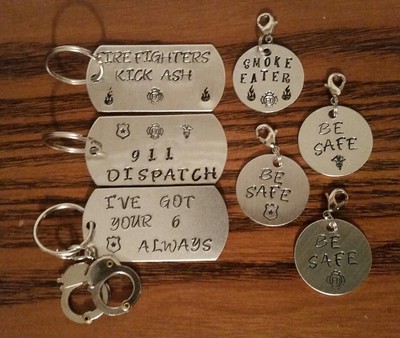 Hand Stamped metal Keychain Fire Police EMS Dispatcher ID tag