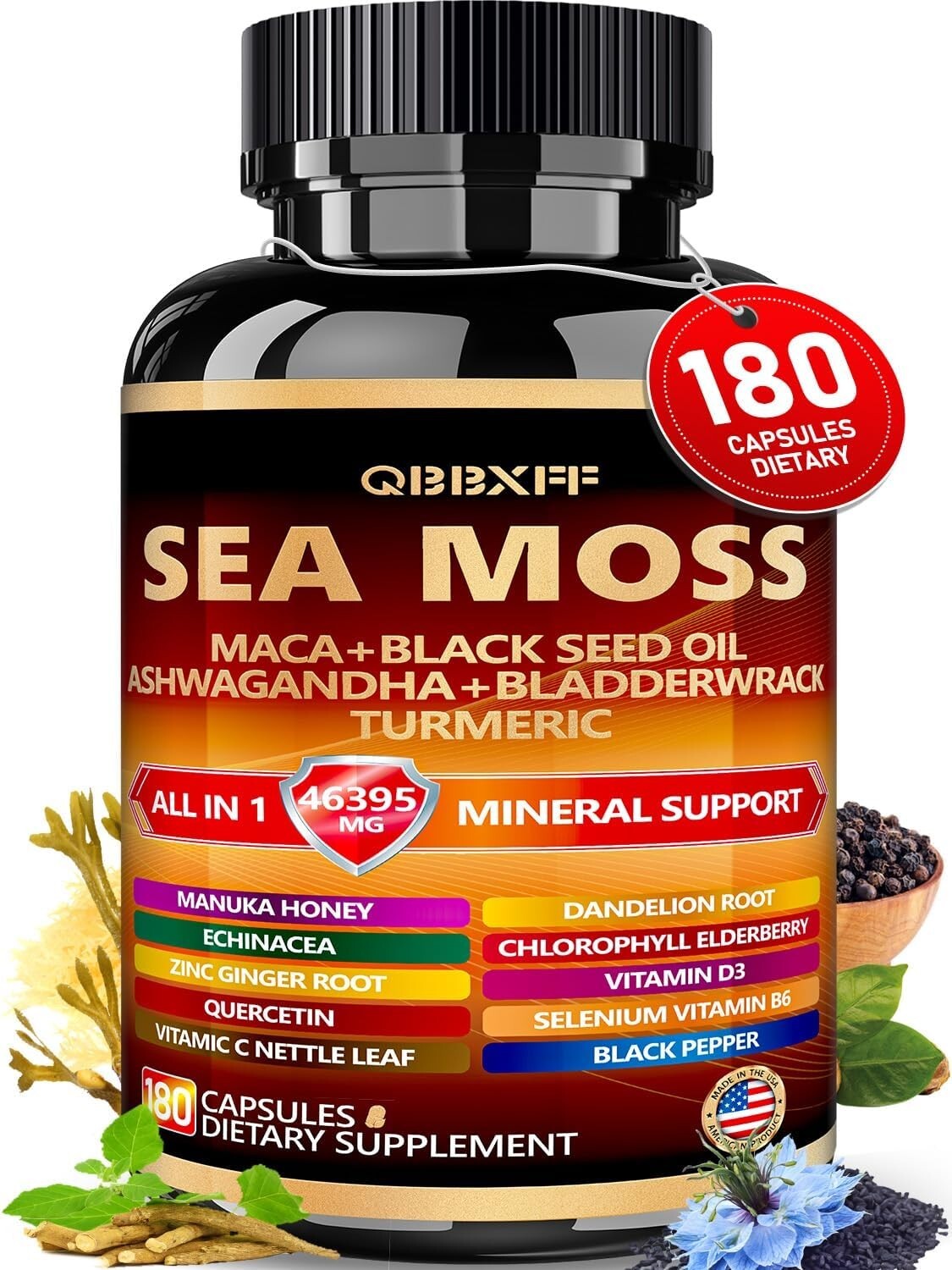 QBBXFF Sea Moss All-in-1 46395 Mineral Support Vitamin C Supplement 180 Capsule