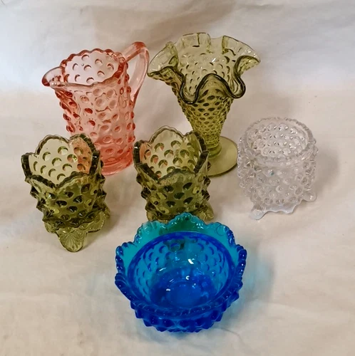 Fenton Hobnail Glass Lot Of 6 Toothpick Holders Vase Pitcher Candle Holder