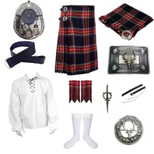 Men's Scottish Black Stewart Kilt Outfit Traditional Wedding Stag Head Kilt Set