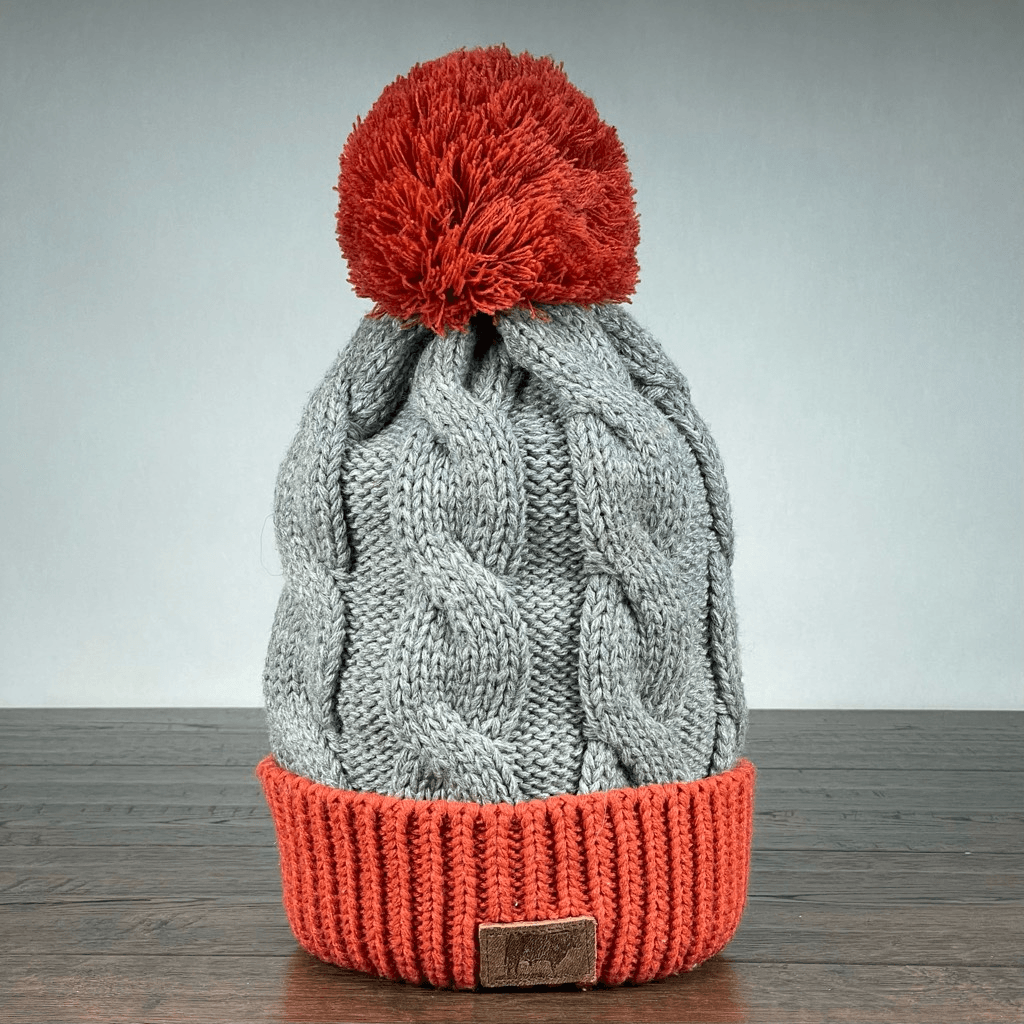 Womens Classic Chunky Slouch Pom Pom Beanie Grey Orange Cable Knit