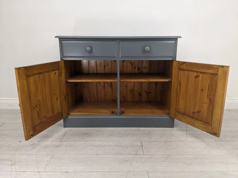 SIDEBOARD Pine Grey Painted 2 Drawer 2 Door Shelved Cupboard FREE DELIVERY - Image 3 of 4