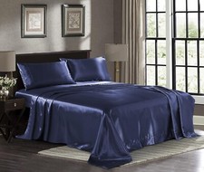 Twin Size Midnight Blue Satin Bed Sheet Set Extra Soft 1800 Microfiber Wrinkle