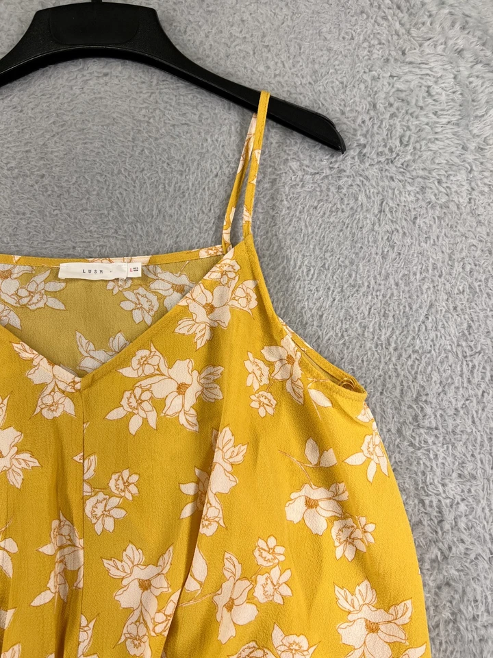 Lush Shirt Womens Large Yellow Floral Spaghetti Strap Crop Polyester V-Neck - Image 2 of 4