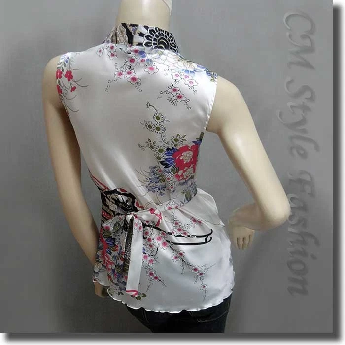 Regata japonesa quimono sem mangas floral cetim sedoso branca P/M/L/XL/2XL/3XL - Imagem 4 de 4