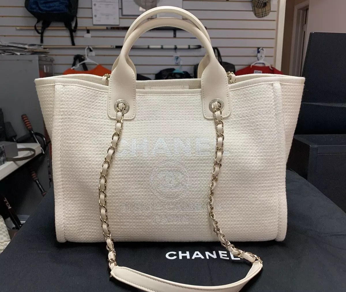 CHANEL Deauville Small Lurex Boucle Canvas Tote Bag Grey