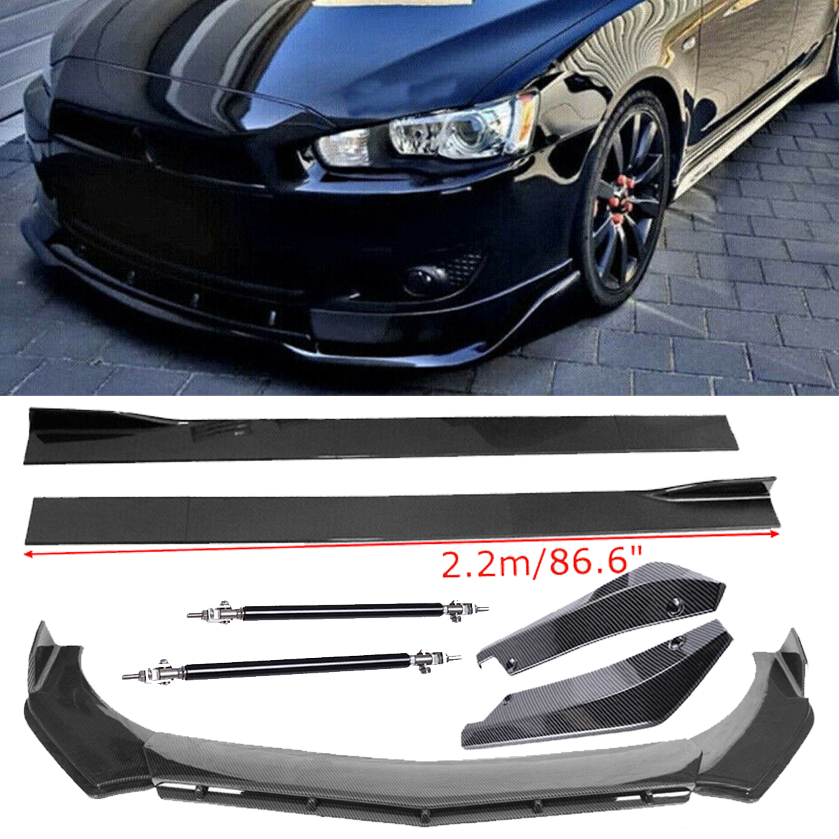 Carbon Fiber Front Bumper Lip Splitters Side Skirt Strut For Mitsubishi Lancer 2