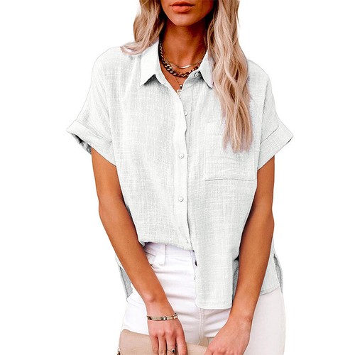 Womens Solid Color Casual Blouse Ladies Button T Shirt Short Sleeve Tops Tunic - Bild 6 von 21
