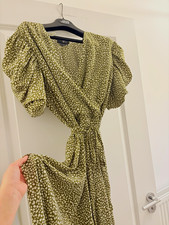 AX Paris Green Cream Print Maxi Dress UK 14 Puff Sleeve Wrap Style Tie Waist