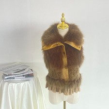 Brown Faux Fur Vest Lace Trim Gold Detail, US...