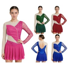 Women Floral Lace Skating Dress Lyrical Dance Dress Ballet Tulle Skirt Leotard