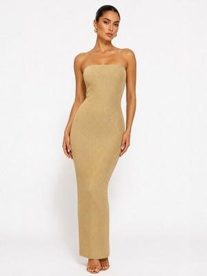 Wolford Fading Shine Strapless Bodycon Midi Gold Shine Sculpting Glam Dress